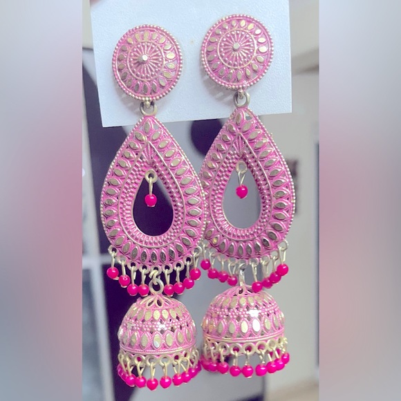 Jewelry - Beautiful long dome shaped pink colour lightweight metal jhumka earrings
